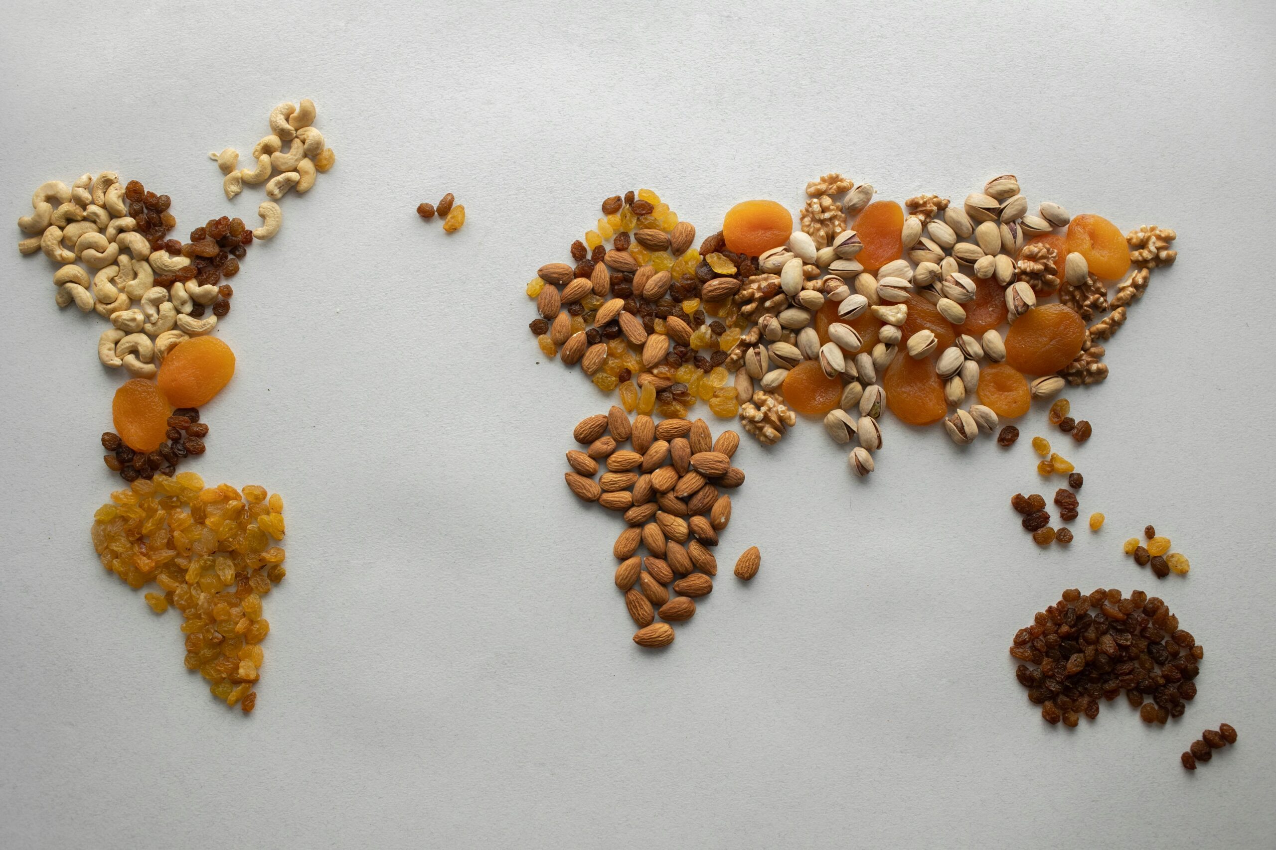 ABOUT US Top view of creative world continents made of various nuts and assorted dried fruits on white background in light room